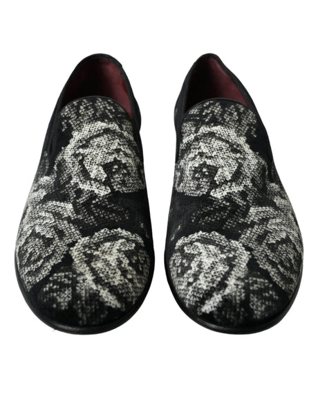 Dolce & Gabbana Black Floral Slippers Men Loafers Dress Shoes - Hilstor
