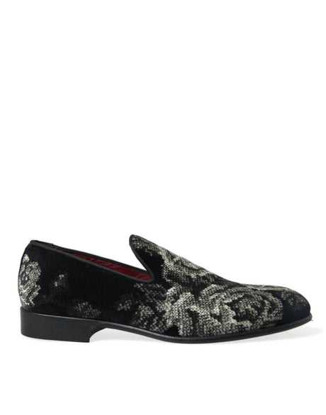 Dolce & Gabbana Black Floral Slippers Men Loafers Dress Shoes - Hilstor