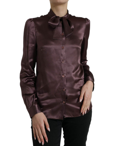 Dolce & Gabbana Brown Silk Ascot Collar Long Sleeve Blouse Top - Hilstor