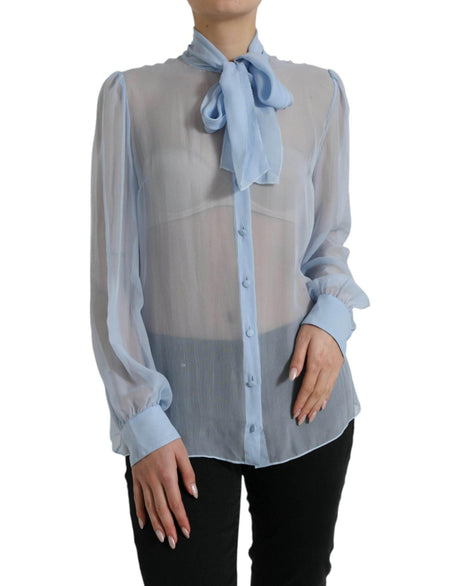 Dolce & Gabbana Blue Long Sleeves Ascot Collar Blouse Top - Hilstor