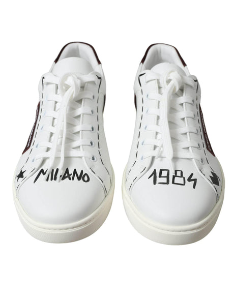 Dolce & Gabbana White Bordeaux Leather Logo Low Top Sneakers Shoes - Hilstor