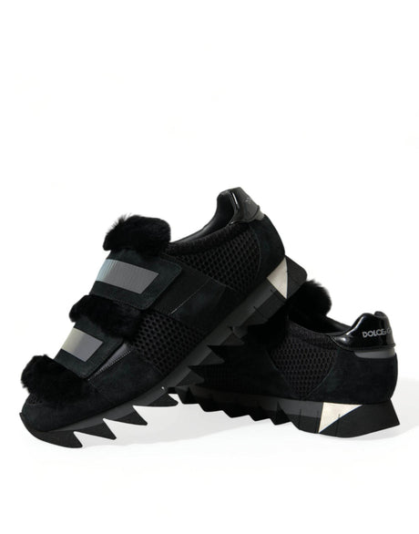 Dolce & Gabbana Black Fur Embellished Suede Sneakers Shoes - Hilstor