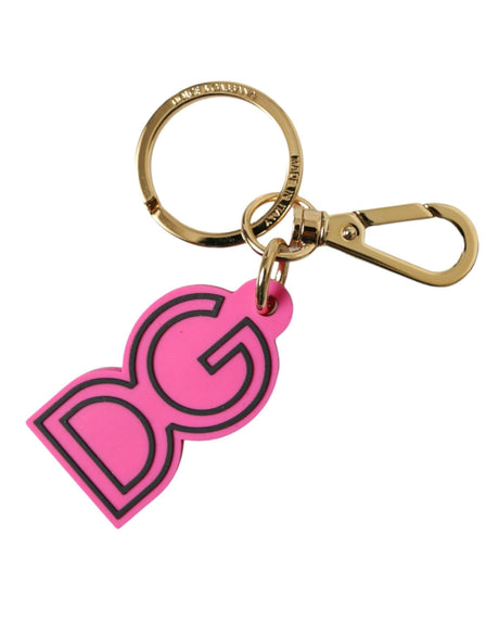 Dolce & Gabbana Pink Rubber Gold Tone Metal DG Logo Keyring Keychain - Hilstor