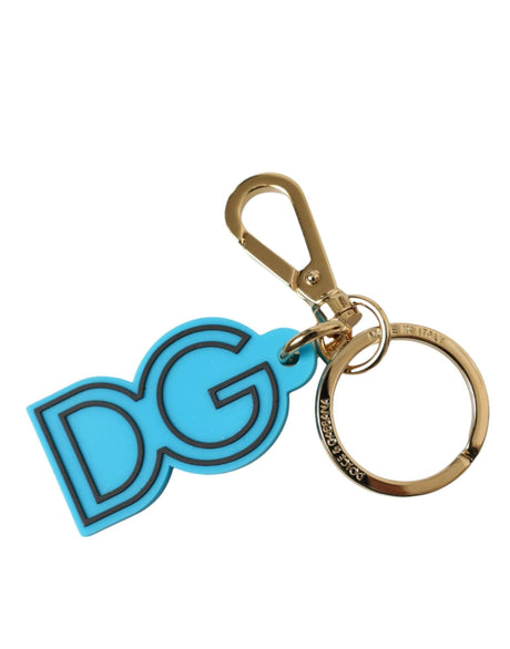 Dolce & Gabbana Blue Rubber Gold Tone Metal DG Logo Keyring Keychain - Hilstor