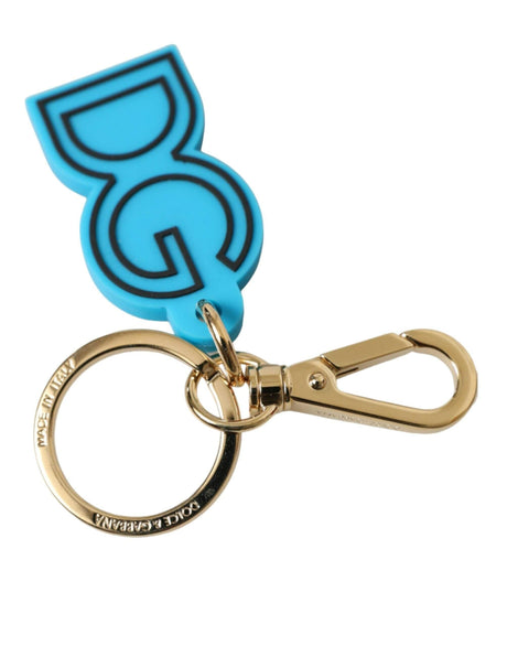 Dolce & Gabbana Blue Rubber Gold Tone Metal DG Logo Keyring Keychain - Hilstor