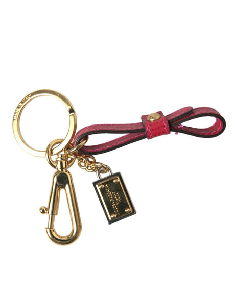 Dolce & Gabbana Red Calf Leather Gold Metal Logo Plaque Keyring Keychain - Hilstor