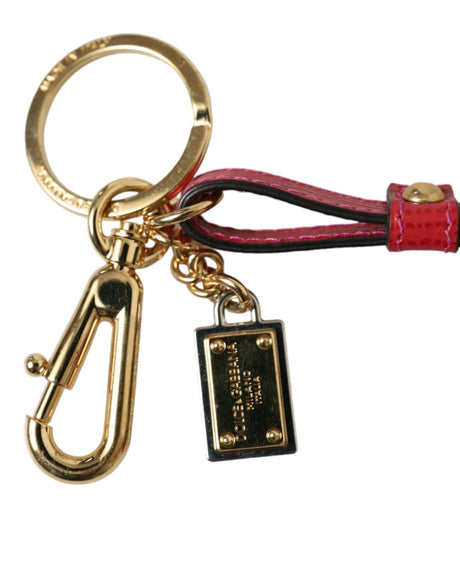 Dolce & Gabbana Red Calf Leather Gold Metal Logo Plaque Keyring Keychain - Hilstor