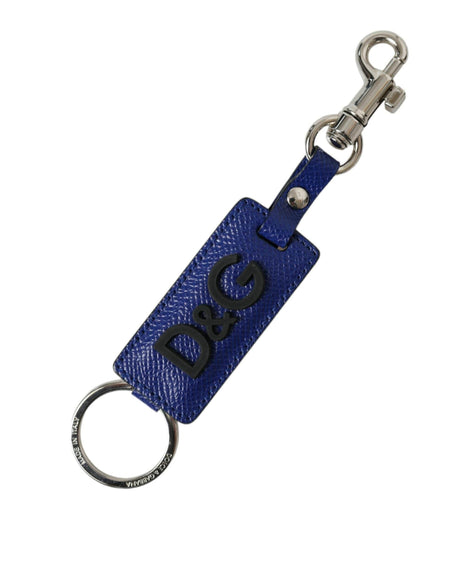 Dolce & Gabbana Blue Calf Leather DG Logo Silver Brass Keyring Keychain - Hilstor