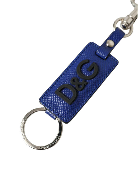 Dolce & Gabbana Blue Calf Leather DG Logo Silver Brass Keyring Keychain - Hilstor