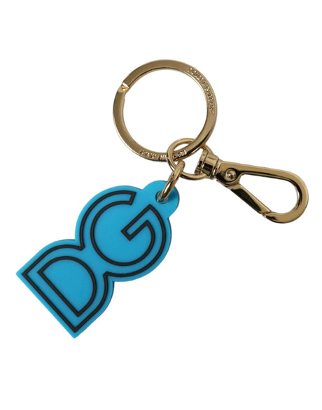 Dolce & Gabbana Blue Rubber Gold Tone Metal DG Logo Keyring Keychain - Hilstor