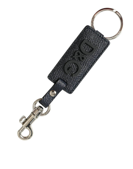 Dolce & Gabbana Black Calf Leather DG Logo Silver Brass Keyring Keychain - Hilstor