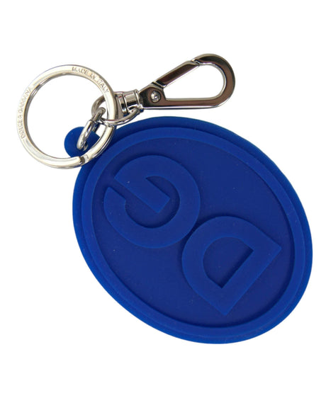 Dolce & Gabbana Blue Rubber DG Logo Silver Brass Metal Keyring Keychain - Hilstor