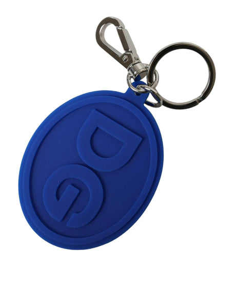 Dolce & Gabbana Blue Rubber DG Logo Silver Brass Metal Keyring Keychain - Hilstor