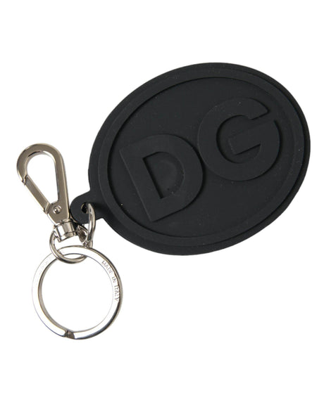 Dolce & Gabbana Black Rubber DG Logo Silver Brass Metal Keyring Keychain - Hilstor