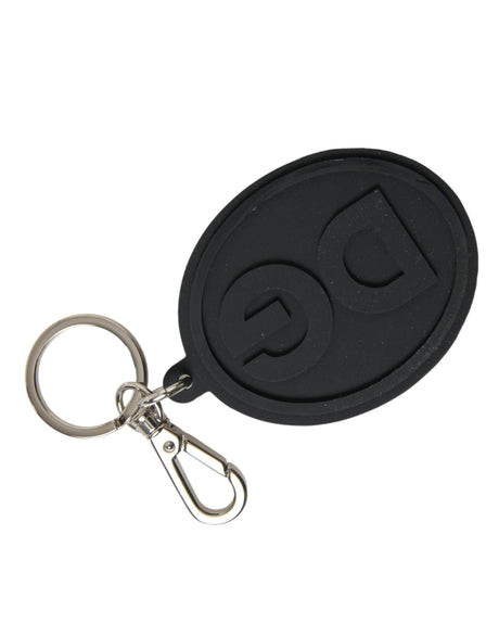 Dolce & Gabbana Black Rubber DG Logo Silver Brass Metal Keyring Keychain - Hilstor