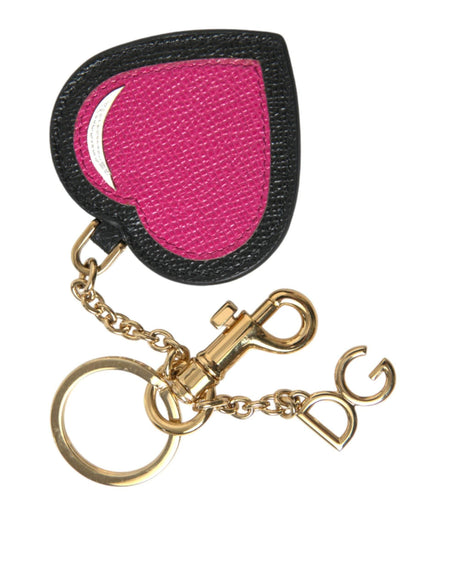 Dolce & Gabbana Pink Black Heart Leather Gold Tone Brass Keyring Keychain - Hilstor