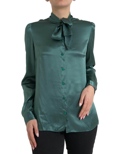 Dolce & Gabbana Dark Green Silk Ascot Collar Blouse Top - Hilstor