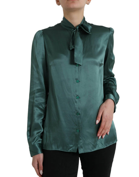 Dolce & Gabbana Dark Green Silk Ascot Collar Blouse Top - Hilstor