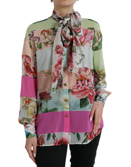 Dolce & Gabbana Multicolor Floral Patchwork Ascot Collar Top - Hilstor