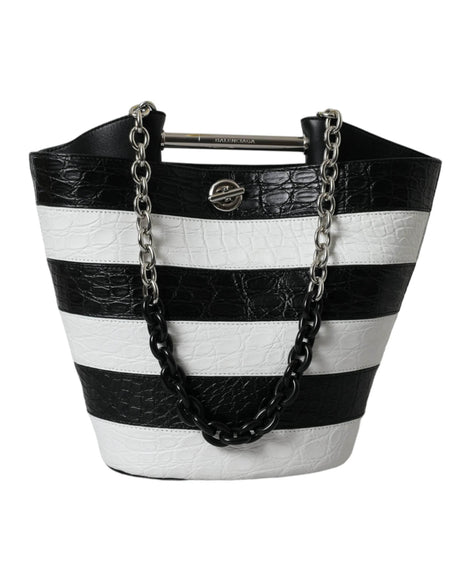 Balenciaga Black White Striped Exotic Skin Leather Maxi Bucket Tote Bag - Hilstor