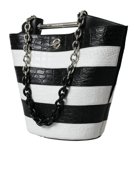 Balenciaga Black White Striped Exotic Skin Leather Maxi Bucket Tote Bag - Hilstor