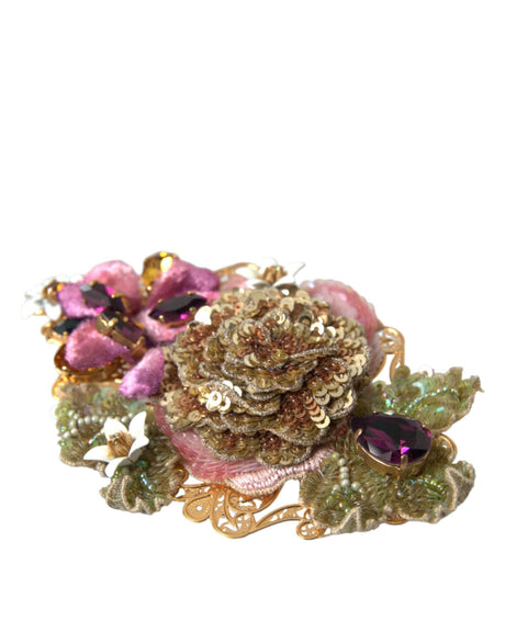 Dolce & Gabbana Gold Brass Floral Crystal Sequined Hair Clip - Hilstor