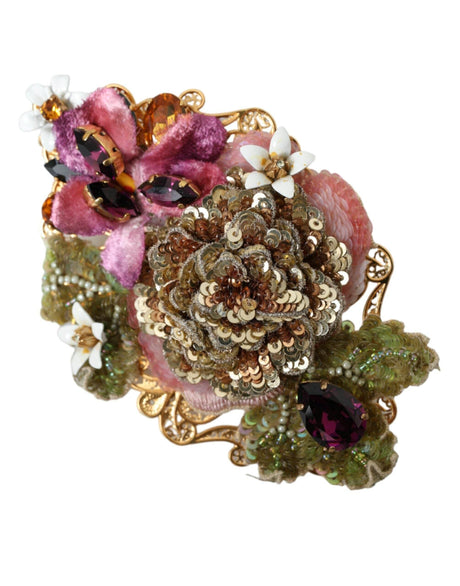 Dolce & Gabbana Gold Brass Floral Crystal Sequined Hair Clip - Hilstor
