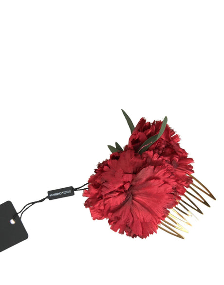 Dolce & Gabbana Red Silk Floral Gold Brass Women Hair Comb - Hilstor