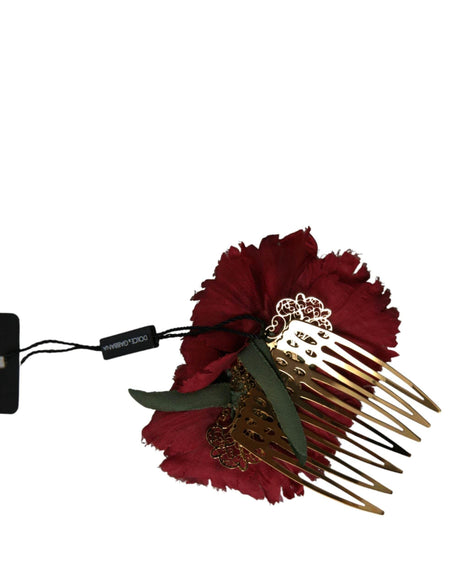 Dolce & Gabbana Red Silk Floral Gold Brass Women Hair Comb - Hilstor