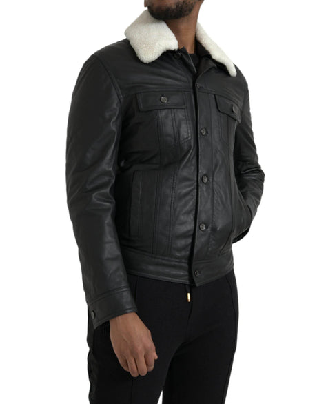 Dolce & Gabbana Black Leather Fur Collar Biker Coat Jacket - Hilstor