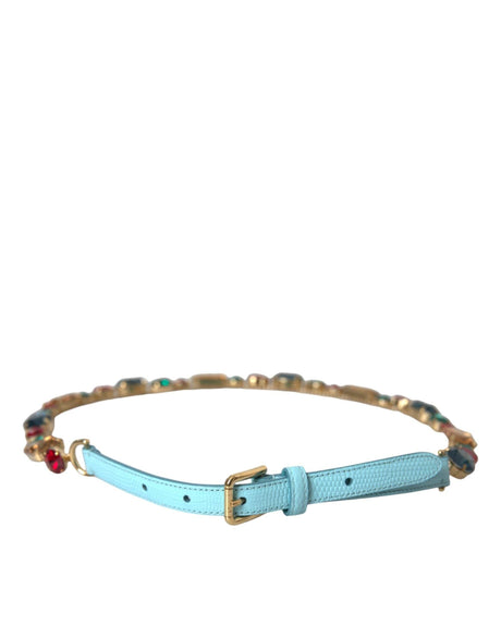 Dolce & Gabbana Light Blue Leather Crystal Chain Waist Belt - Hilstor