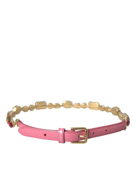 Dolce & Gabbana Pink Leather Crystal Chain Embellished Belt - Hilstor