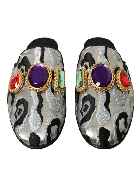 Dolce & Gabbana Gray Jacquard Crystal Mule Flat Sandals Shoes - Hilstor