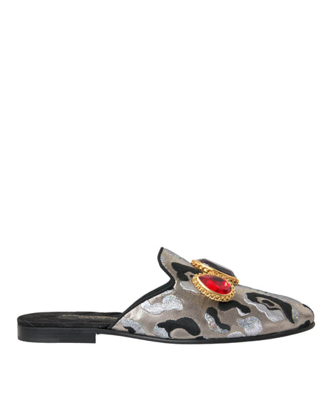 Dolce & Gabbana Gray Jacquard Crystal Mule Flat Sandals Shoes - Hilstor