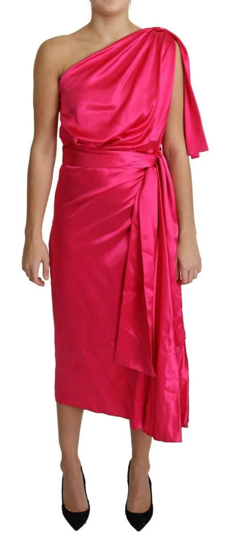 Dolce & Gabbana Fuchsia Fitted Cut One Shoulder Midi Dress - Hilstor