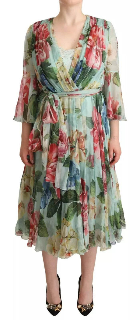 Dolce & Gabbana Green Floral Long Sleeve V-neck Midi Dress - Hilstor