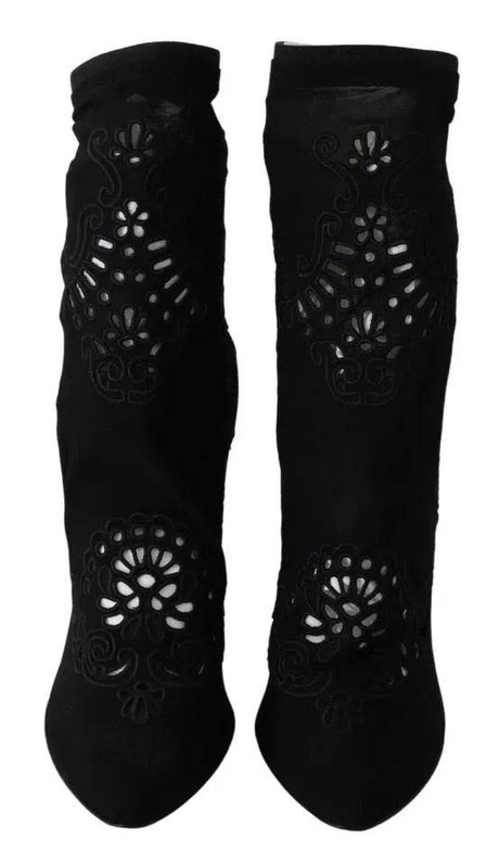 Dolce & Gabbana Black Stretch Pumps Boots Floral Lace Shoes - Hilstor