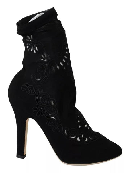 Dolce & Gabbana Black Stretch Pumps Boots Floral Lace Shoes - Hilstor