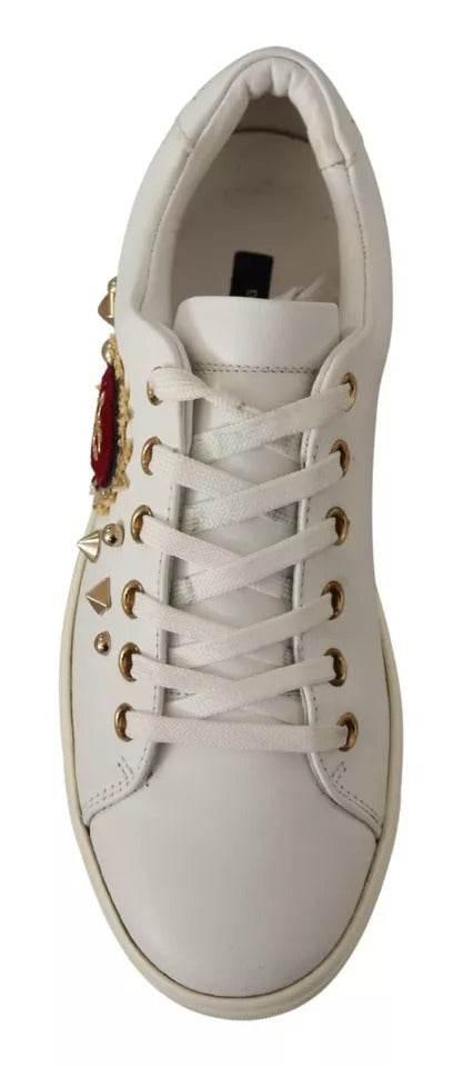 Dolce & Gabbana White Leather Gold Red Heart Sneakers Shoes - Hilstor