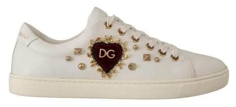 Dolce & Gabbana White Leather Gold Red Heart Sneakers Shoes - Hilstor