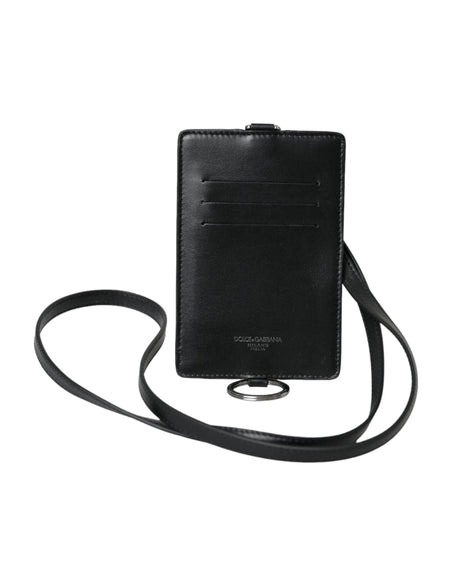 Dolce & Gabbana Black Calf Leather Lanyard Logo Card Holder Men Wallet - Hilstor