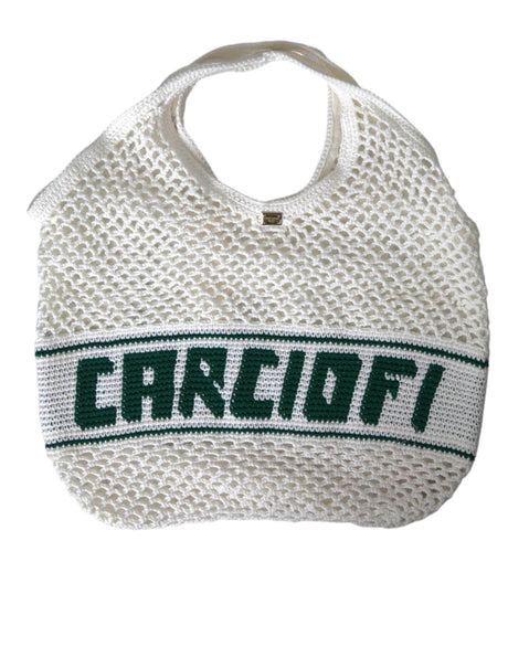 Dolce & Gabbana White Green Knitted Cotton Logo Shopping Tote Bag - Hilstor