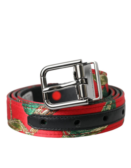 Dolce & Gabbana Red Leather Jacquard Silver Metal Buckle Belt - Hilstor