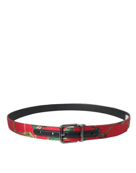 Dolce & Gabbana Red Leather Jacquard Silver Metal Buckle Belt - Hilstor