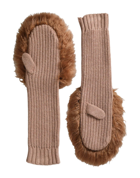 Dolce & Gabbana Brown Cashmere Knitted Fur Mid Arm Mitten Gloves - Hilstor
