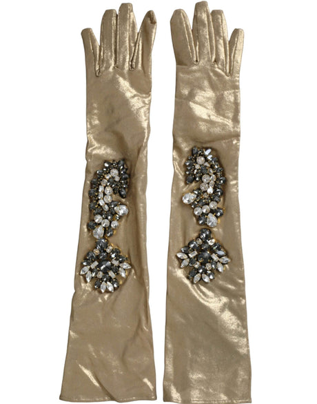 Dolce & Gabbana Beige Satin Crystal Elbow Length Gloves - Hilstor