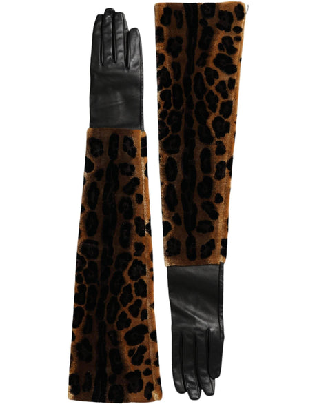 Dolce & Gabbana Brown Black Leopard Leather Elbow Length Gloves - Hilstor