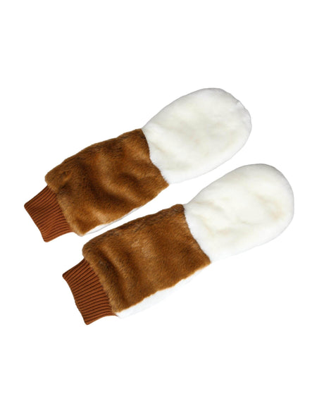 Dolce & Gabbana Brown White Acrylic Knitted Fur Mitten Gloves - Hilstor