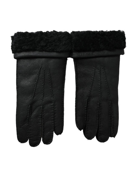 Dolce & Gabbana Black Leather Fur Short Hands Gloves - Hilstor