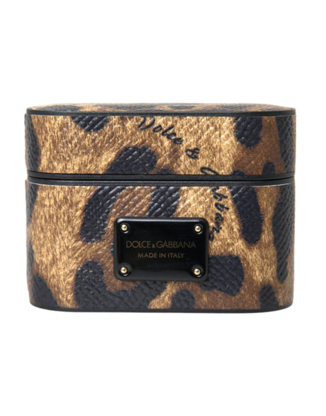 Dolce & Gabbana Brown Leopard Calf Leather Metal Logo Plaque Airpods Case - Hilstor